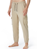 Pantalon décontracté en coton avec poches respirantes de couleur unie pour hommes