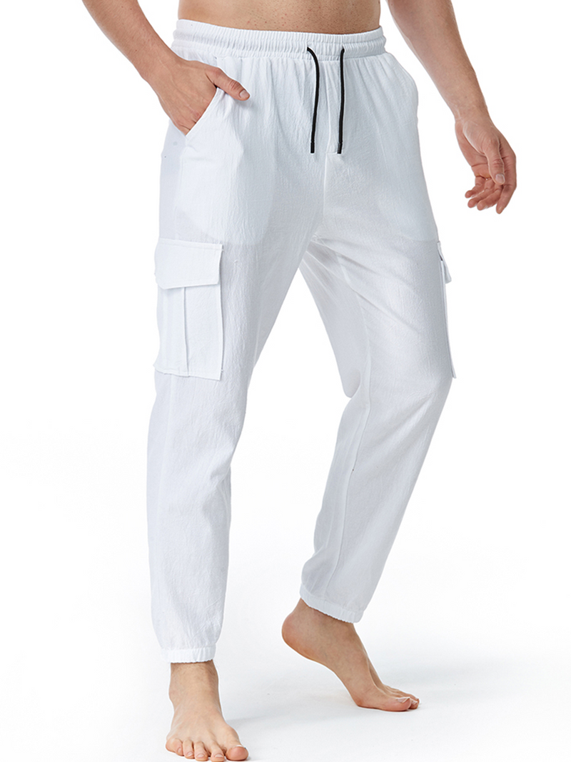 Pantalon décontracté en coton avec poches respirantes de couleur unie pour hommes