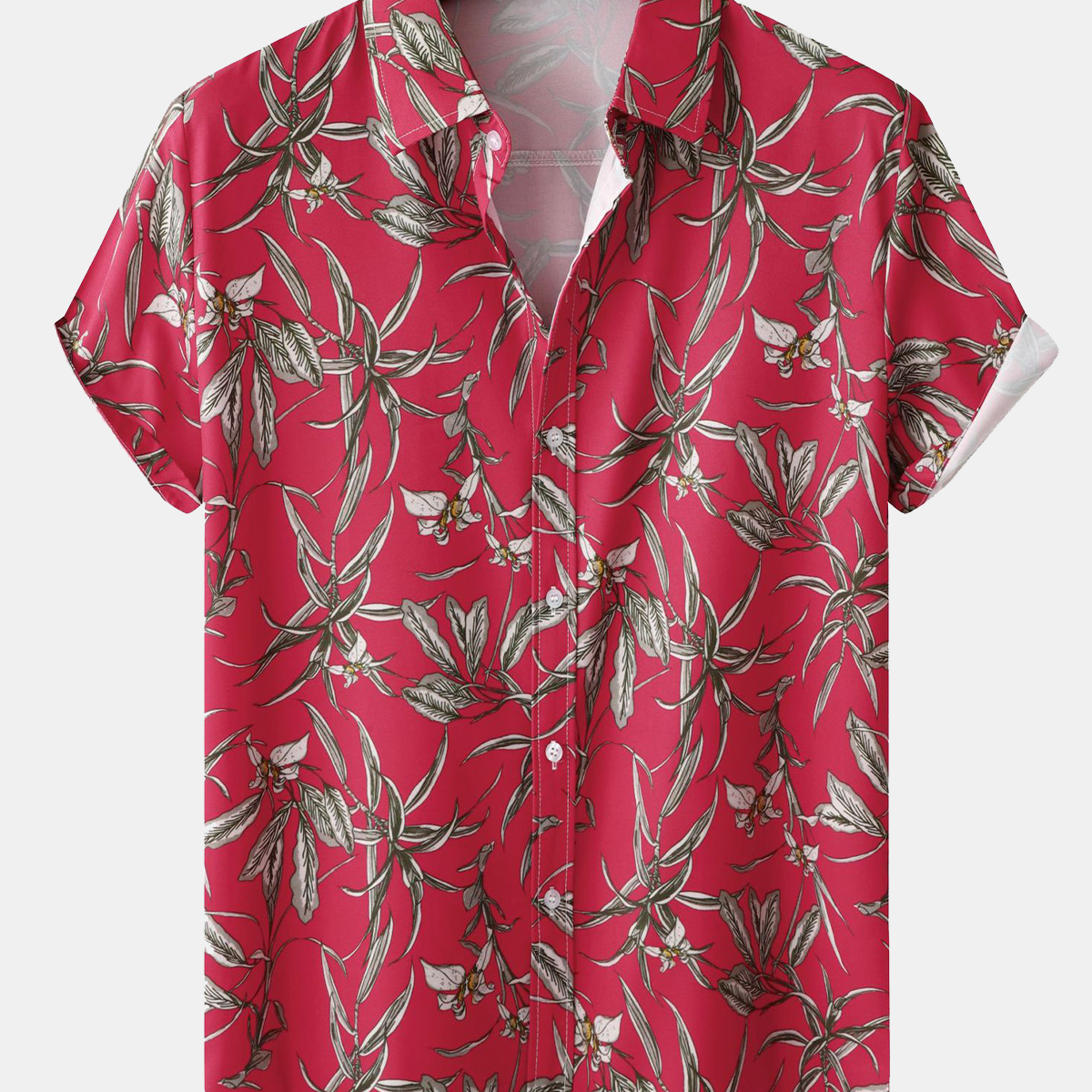 Chemise de plage à manches courtes d'été hawaïenne rouge à imprimé de plantes tropicales pour hommes