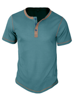 T-shirt à manches courtes vintage à col Henley de couleur unie respirant pour hommes