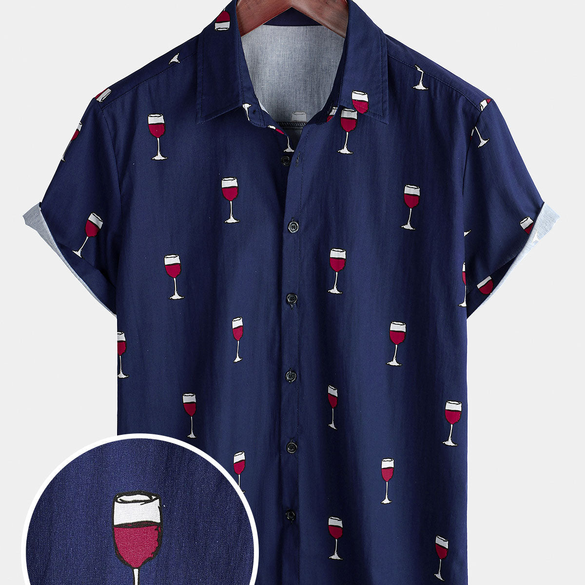 Chemise à manches courtes pour hommes, imprimé verre de vin, vacances, plage, coton, respirant, été