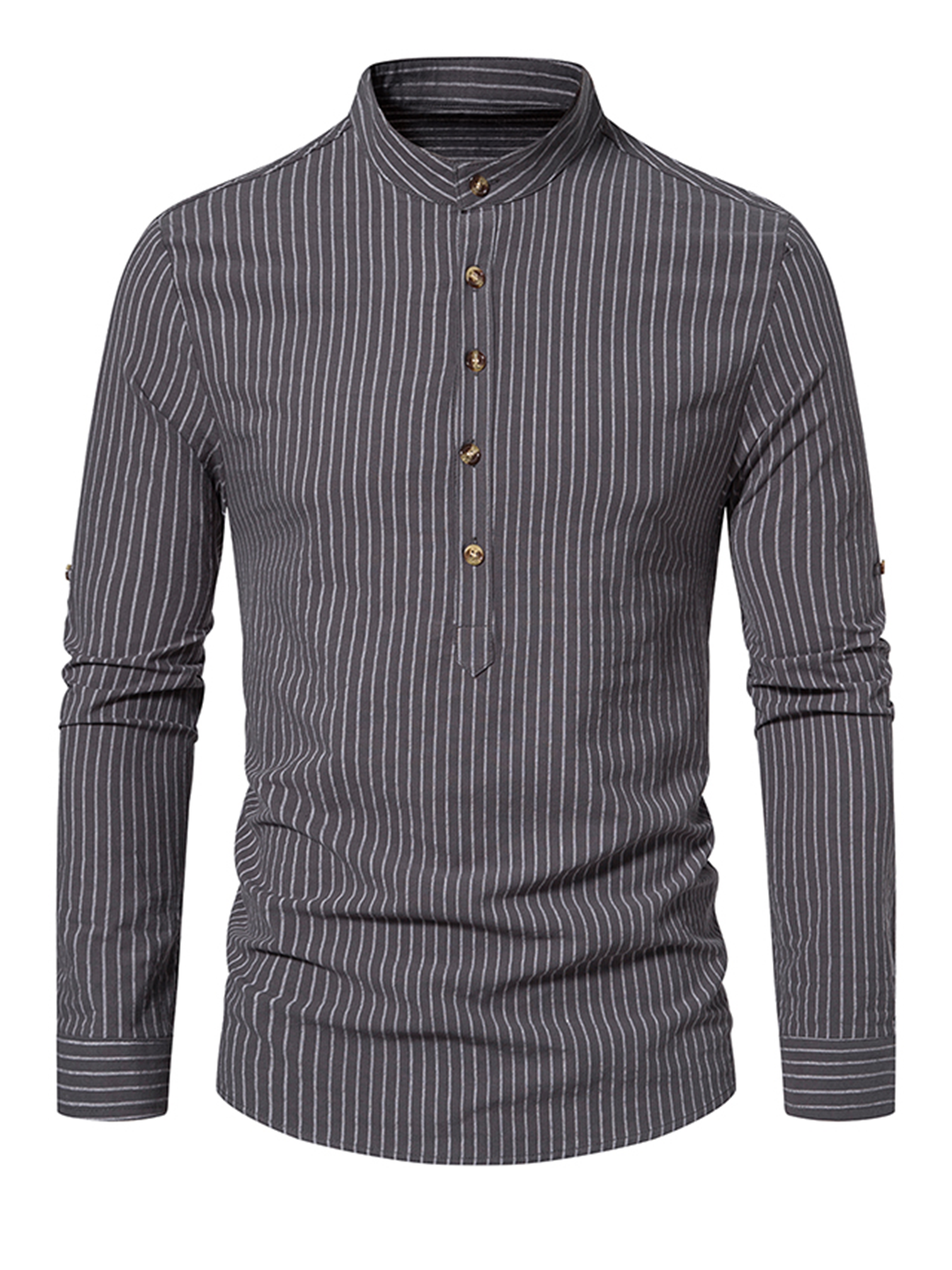 Chemise à manches longues à col Henley en coton à rayures verticales pour hommes