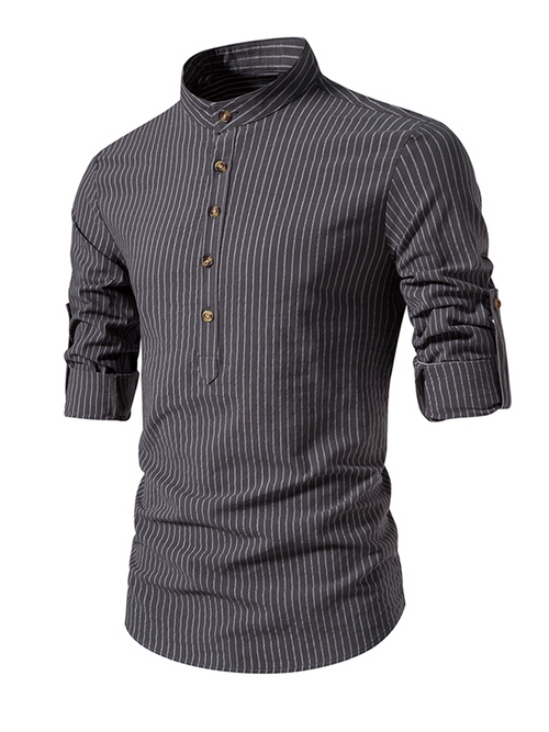 Chemise à manches longues à col Henley en coton à rayures verticales pour hommes