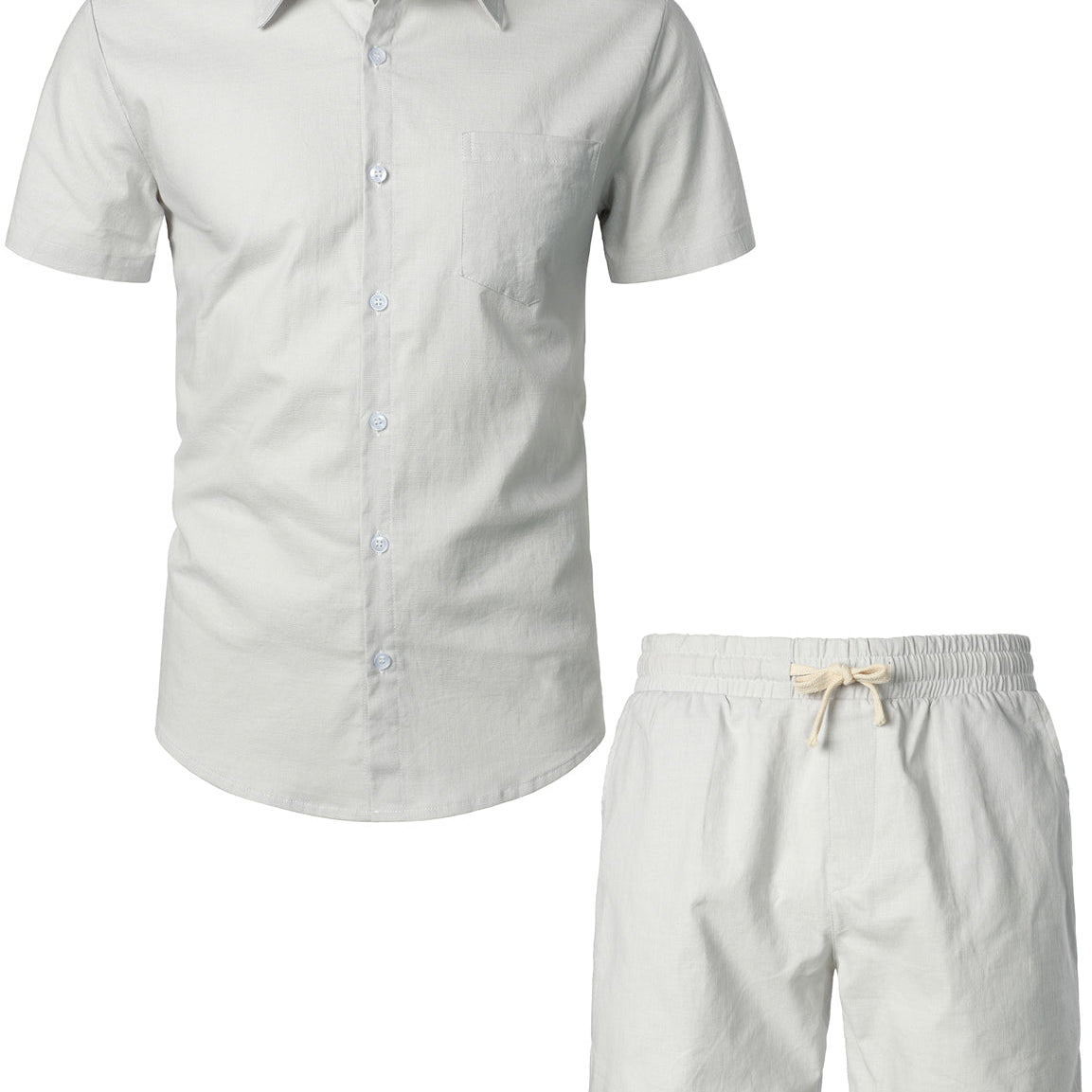 Ensemble chemise et short à manches courtes et short en lin et coton pour hommes, couleur unie, bleu marine