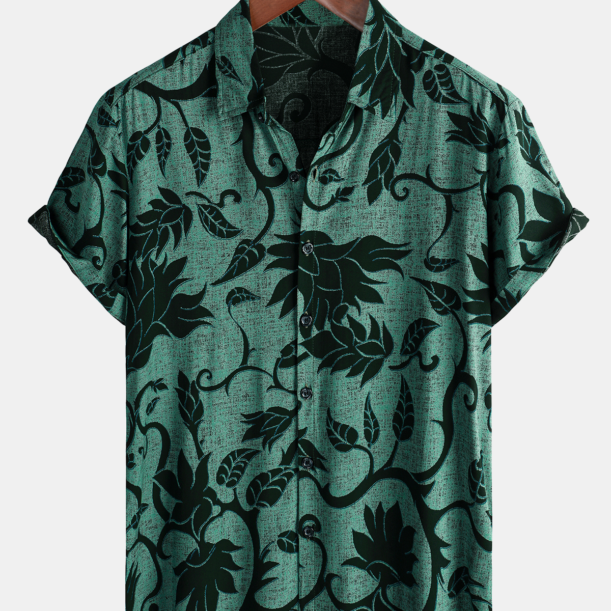 Chemise boutonnée à manches courtes d'été décontractée à fleurs vertes pour hommes