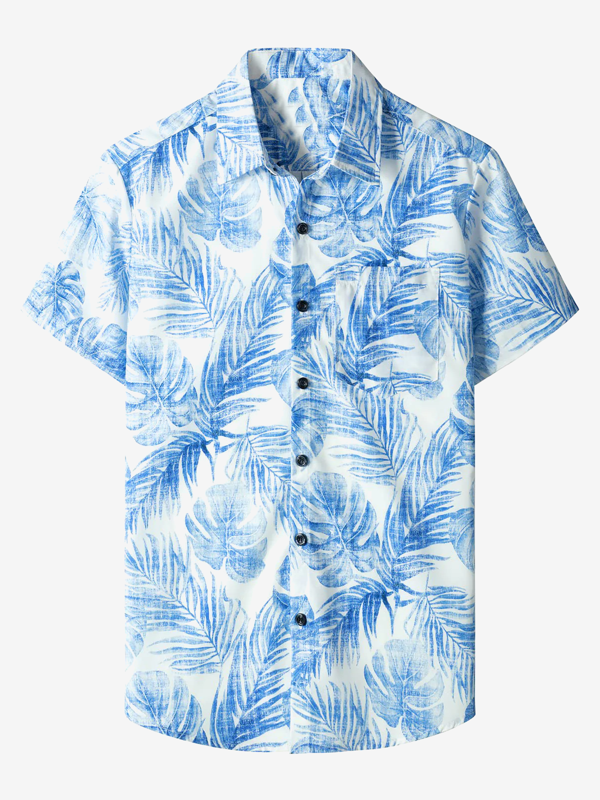 Chemise hawaïenne bleue à manches courtes pour homme avec poche décontractée et imprimé de plantes tropicales