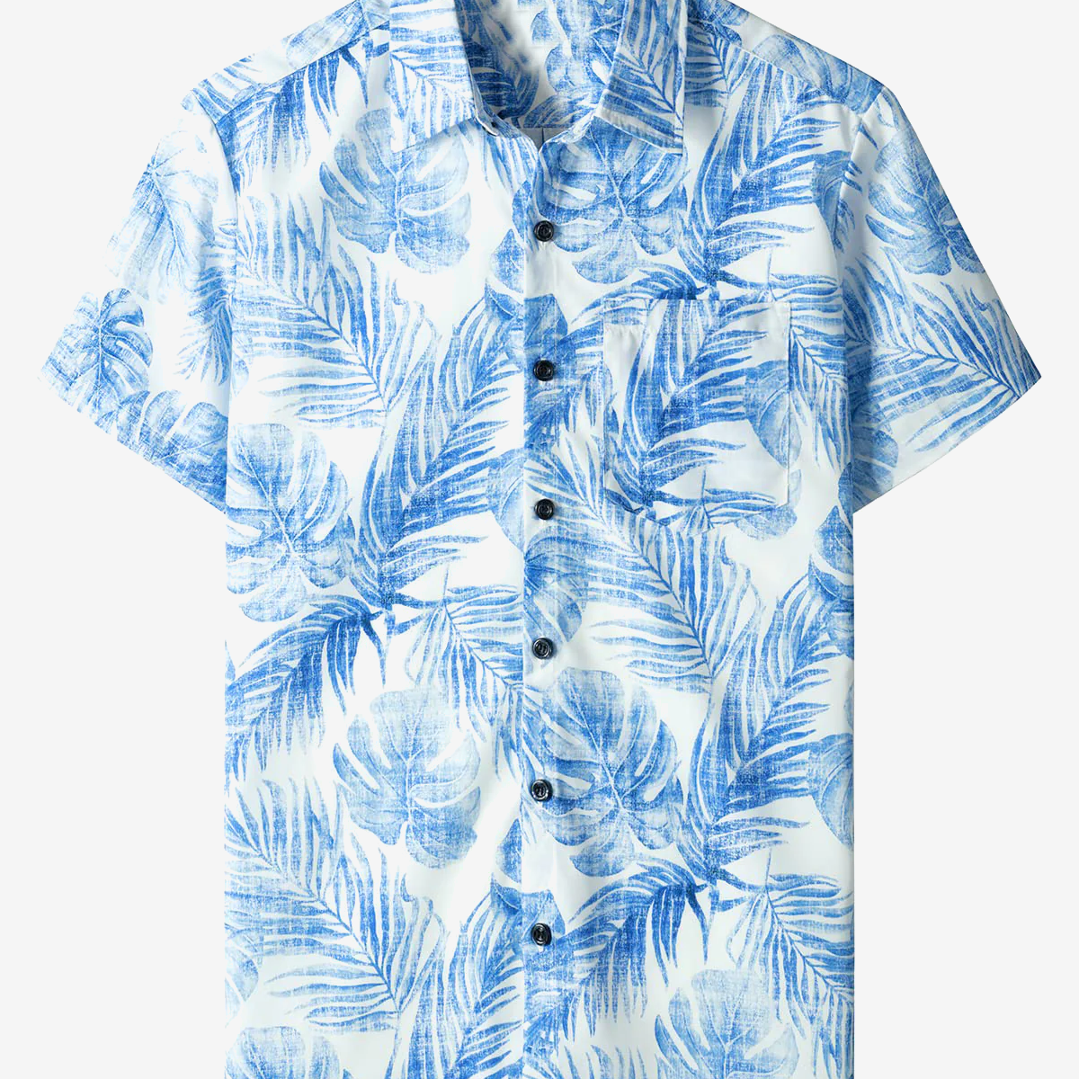 Chemise hawaïenne bleue à manches courtes pour homme avec poche décontractée et imprimé de plantes tropicales