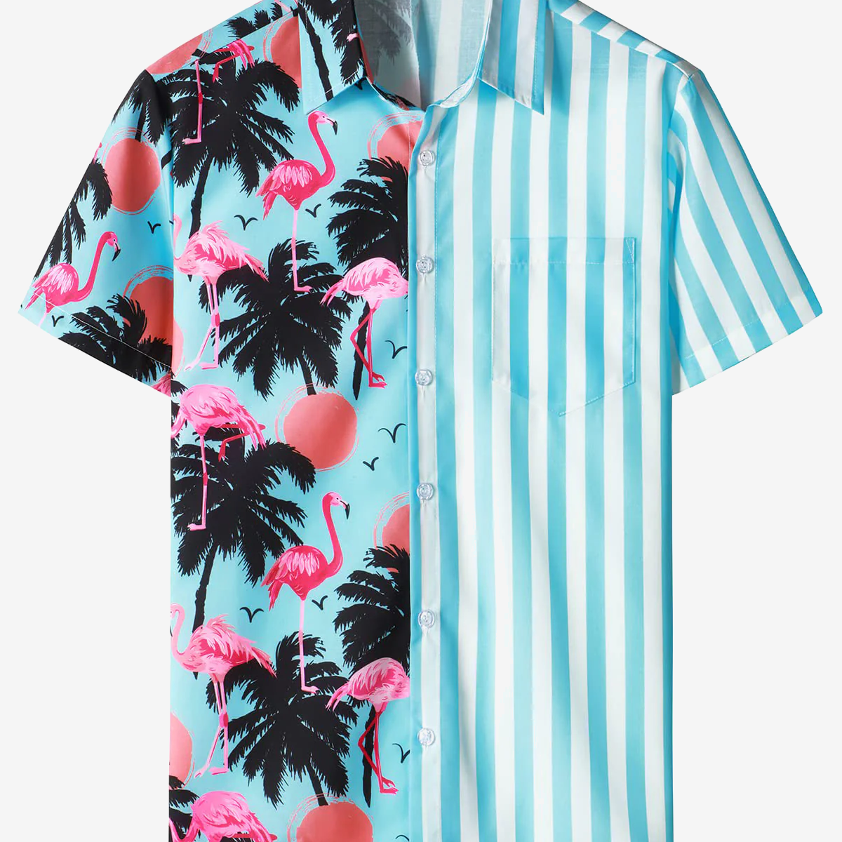 Chemise à manches courtes hawaïenne à imprimé tropical à rayures bleues et blanches pour hommes