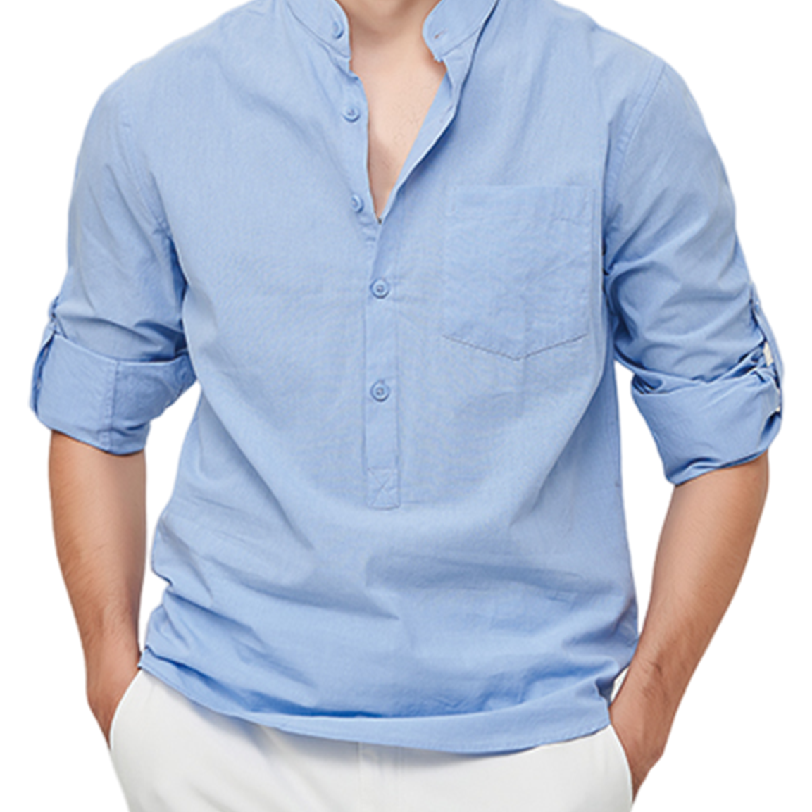 Chemise à manches longues décontractée en coton avec col Henley de couleur unie pour hommes