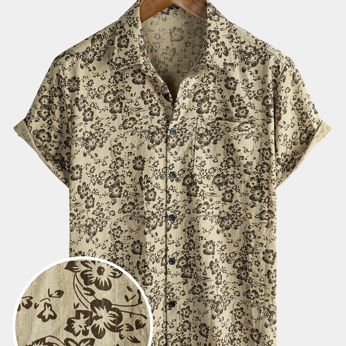 Chemise à manches courtes en coton avec poche en coton pour hommes, Vintage, kaki, Floral, vacances, plage