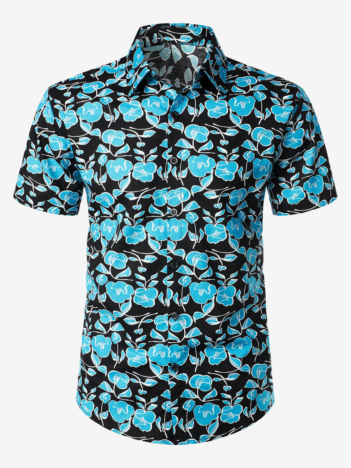 Chemise hawaïenne à fleurs bleues rétro en coton à manches courtes pour hommes