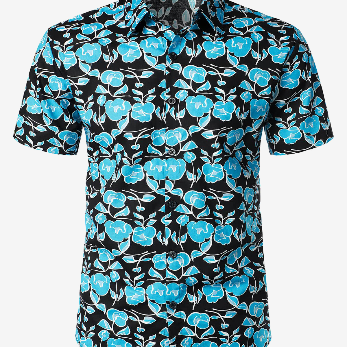 Chemise hawaïenne à fleurs bleues rétro en coton à manches courtes pour hommes