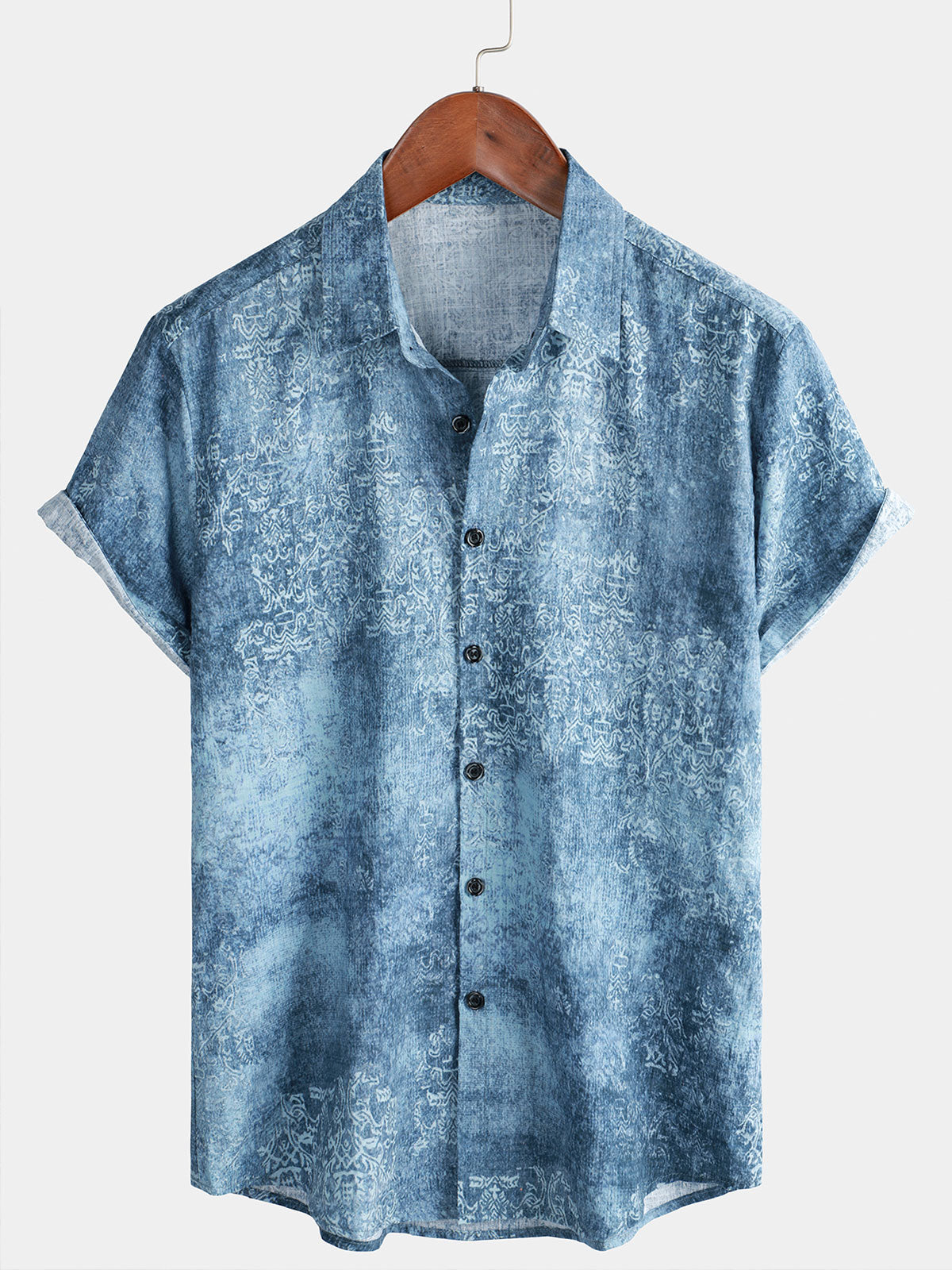 Chemise boutonnée d'été à manches courtes en coton bleu clair vintage pour hommes