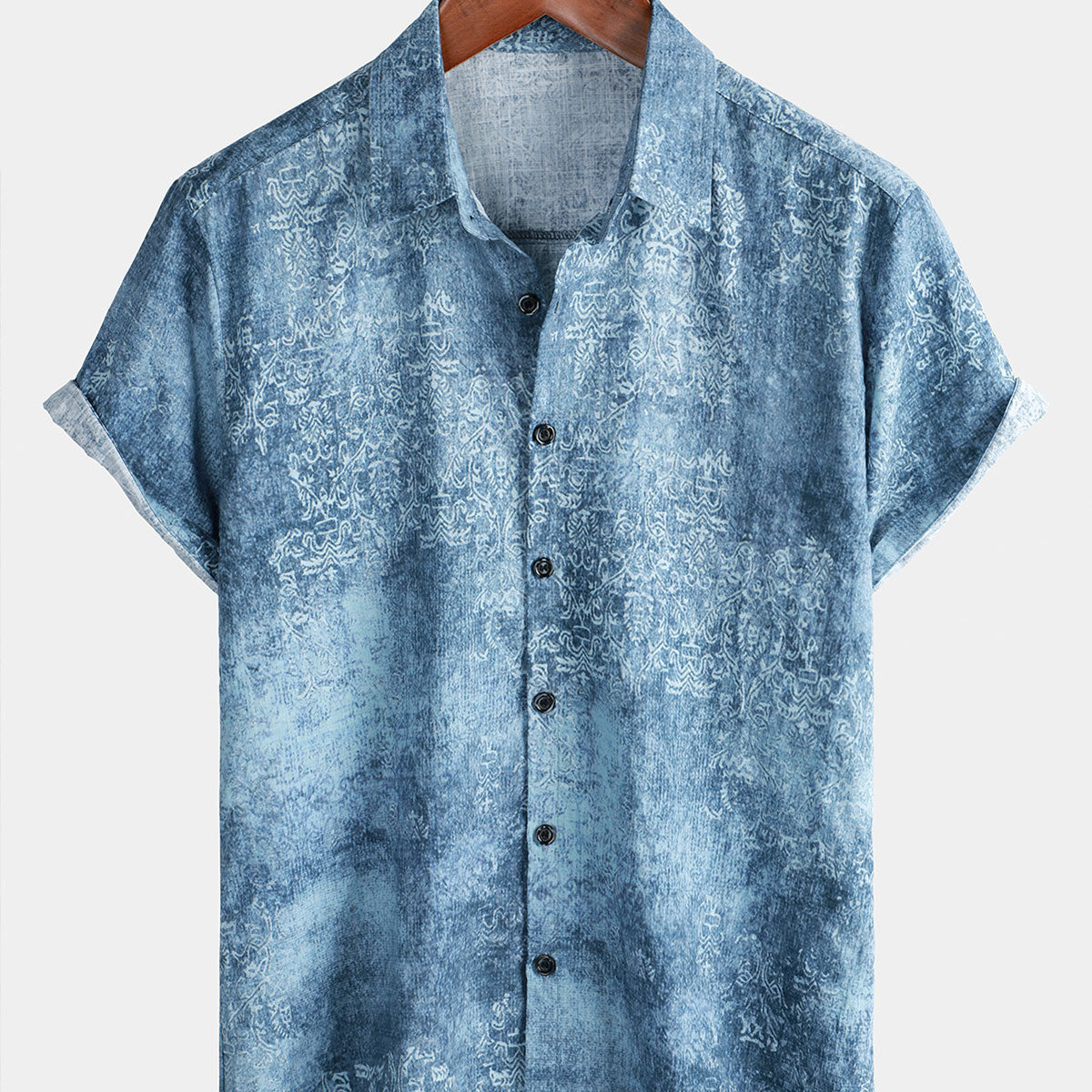 Chemise boutonnée d'été à manches courtes en coton bleu clair vintage pour hommes