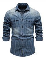Chemise à manches longues en coton vintage avec poche à rayures en denim pour hommes