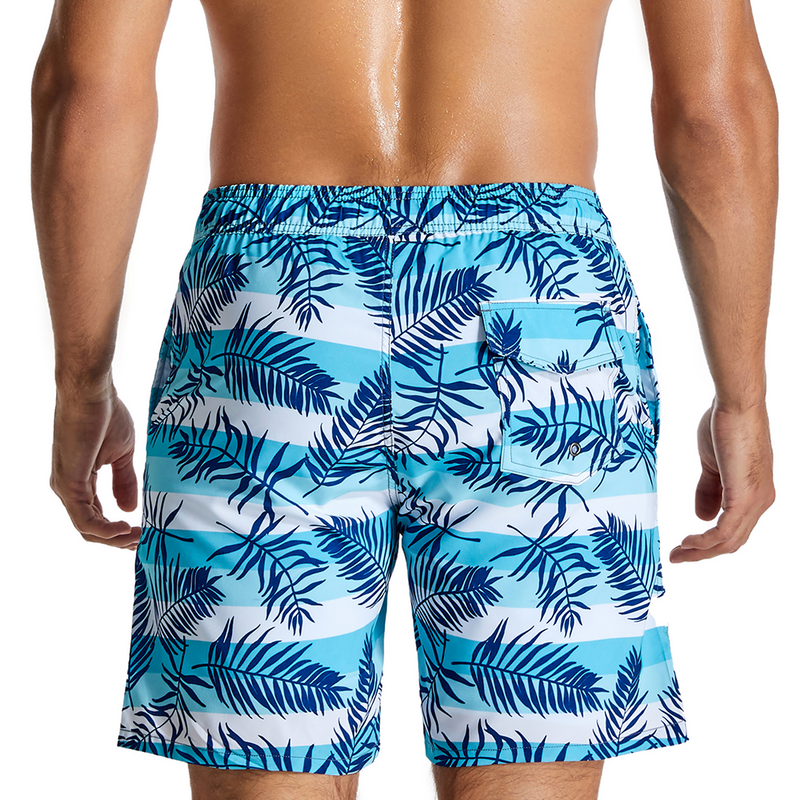 Feuilles tropicales et shorts de plage à séchage rapide rayés pour hommes