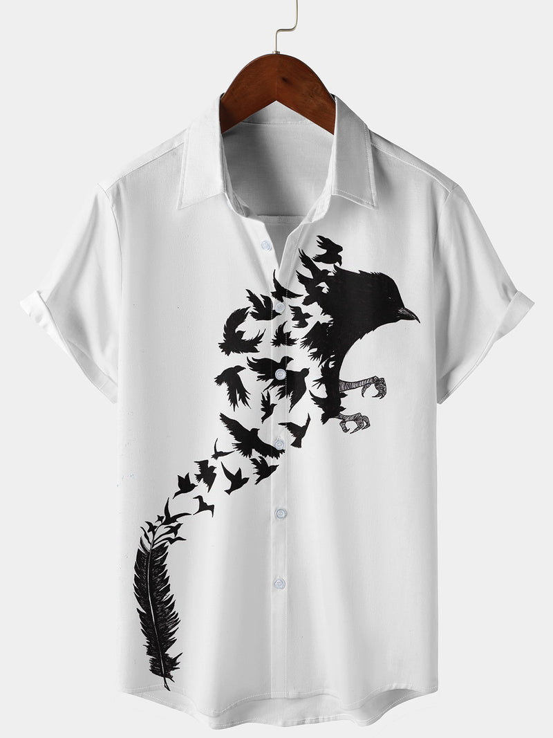 Chemise de croisière pour homme à boutons à manches courtes avec imprimé de plumes d'oiseaux parfaite pour les vacances d'été à la plage