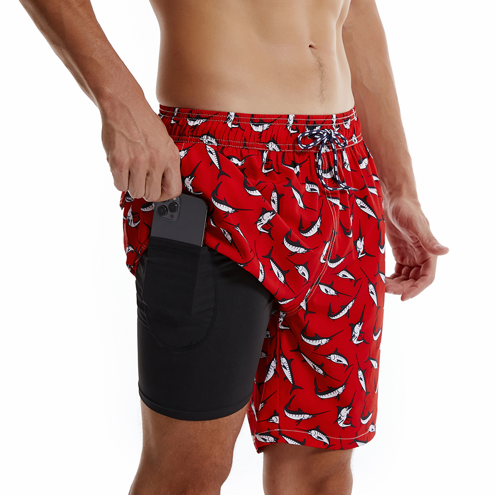 Short de plage rouge à imprimé requin pour hommes, maillot de bain à séchage rapide