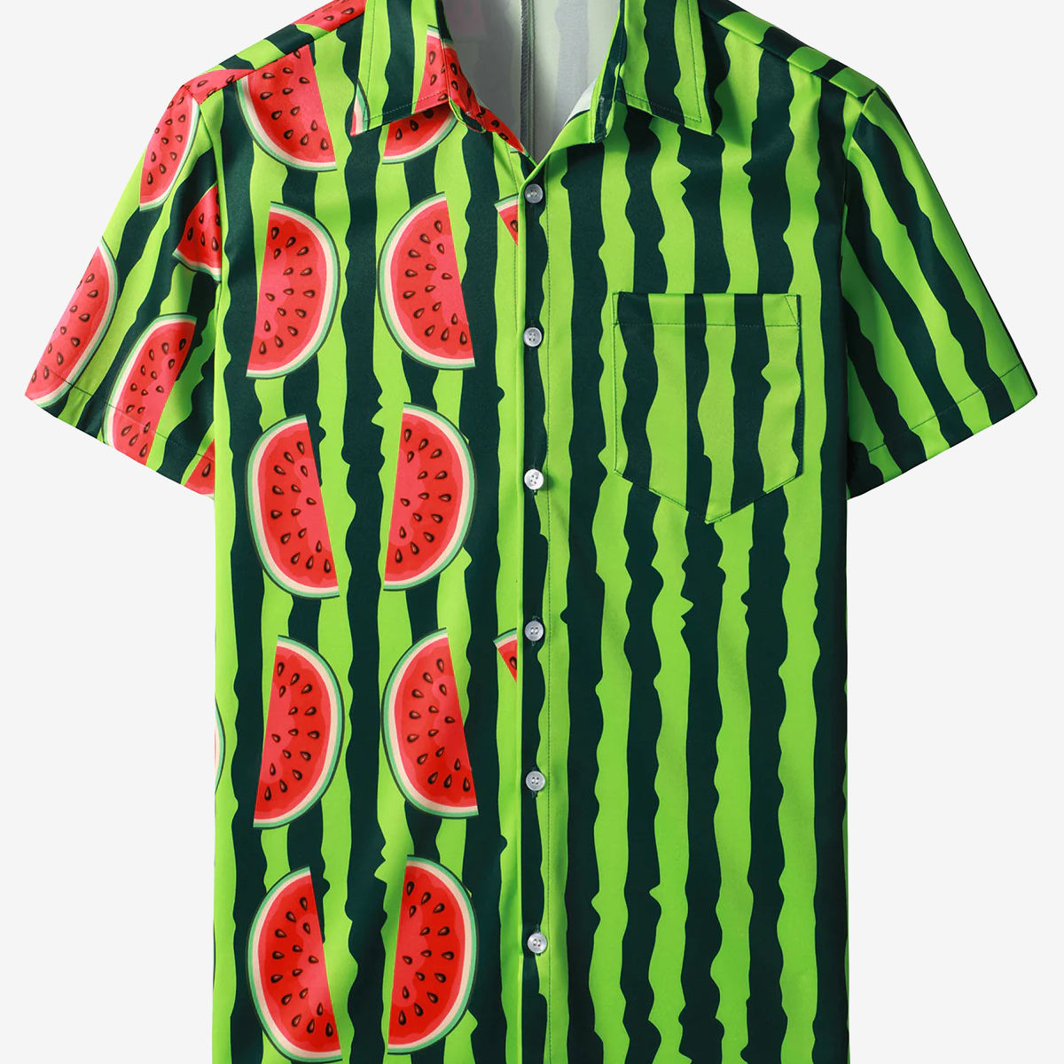 Chemise à manches courtes d'été boutonnée aux fruits tropicaux hawaïens à rayures vertes et pastèque pour homme