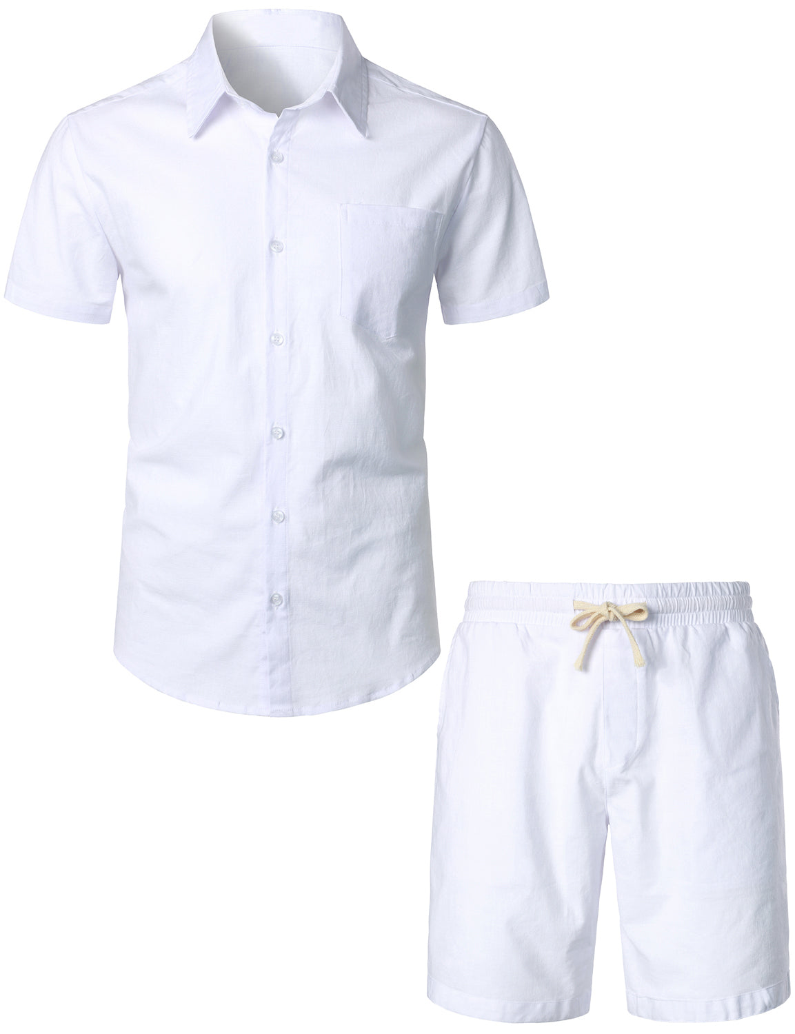 Ensemble chemise et short à manches courtes et short en lin et coton pour hommes, couleur unie, bleu marine