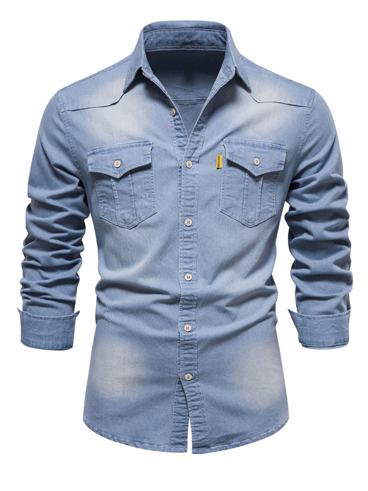 Chemise à manches longues décontractée en coton vintage avec poche en denim pour hommes