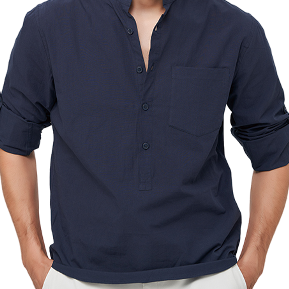 Chemise à manches longues et col Henley pour hommes, couleur unie, décontractée, en coton, avec poches