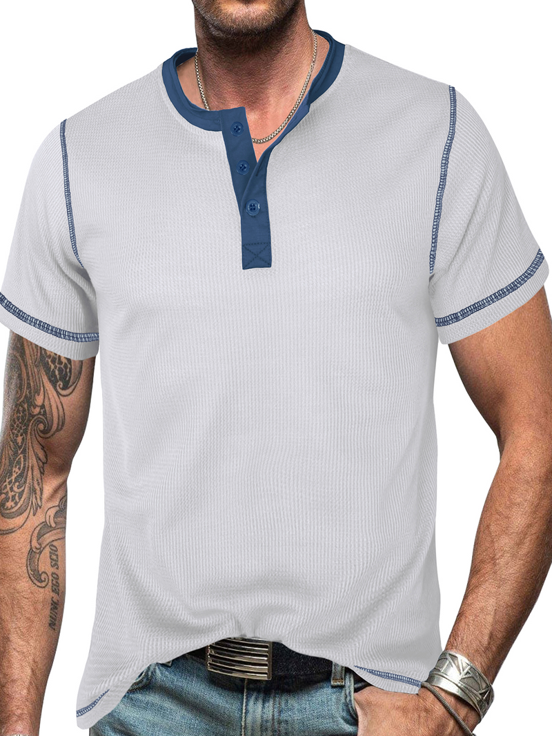 T-shirt à manches courtes décontracté à col Henley de couleur unie pour hommes