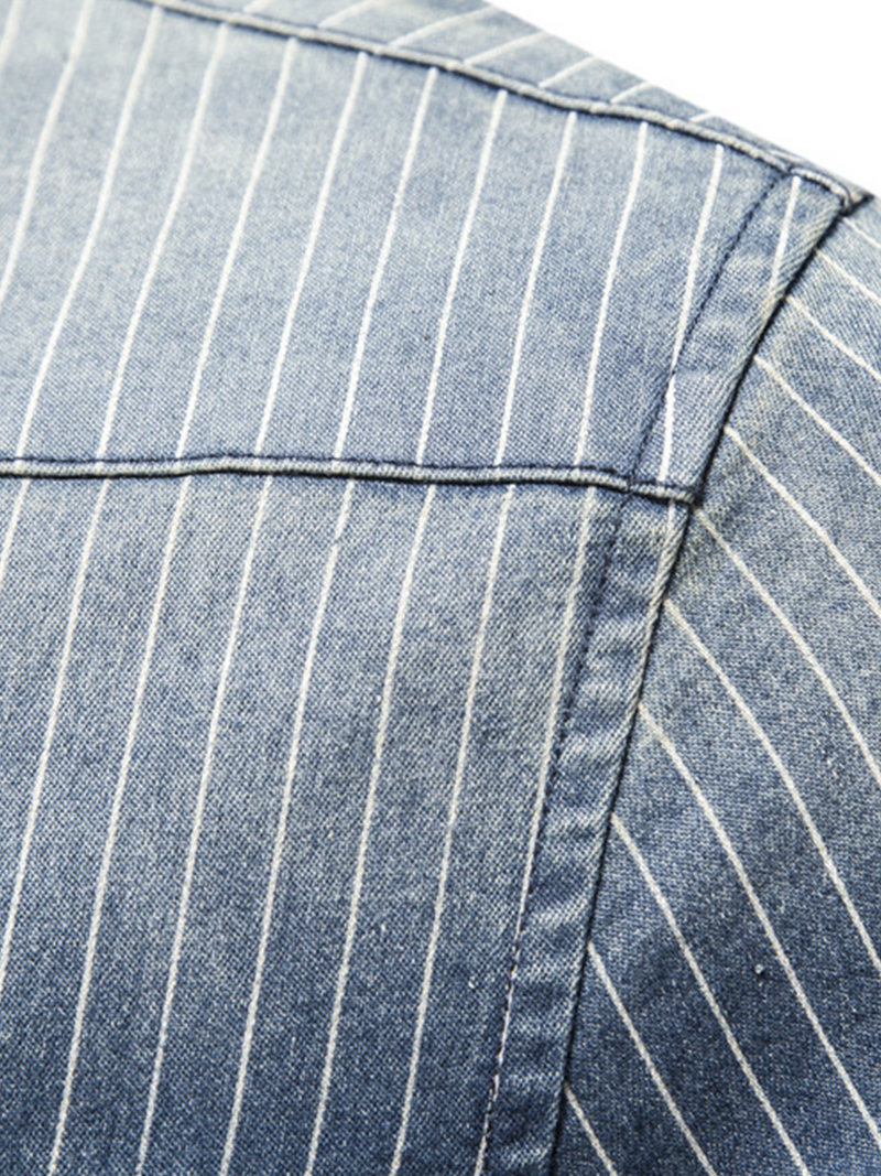 Chemise à manches longues en coton vintage avec poche à rayures en denim pour hommes