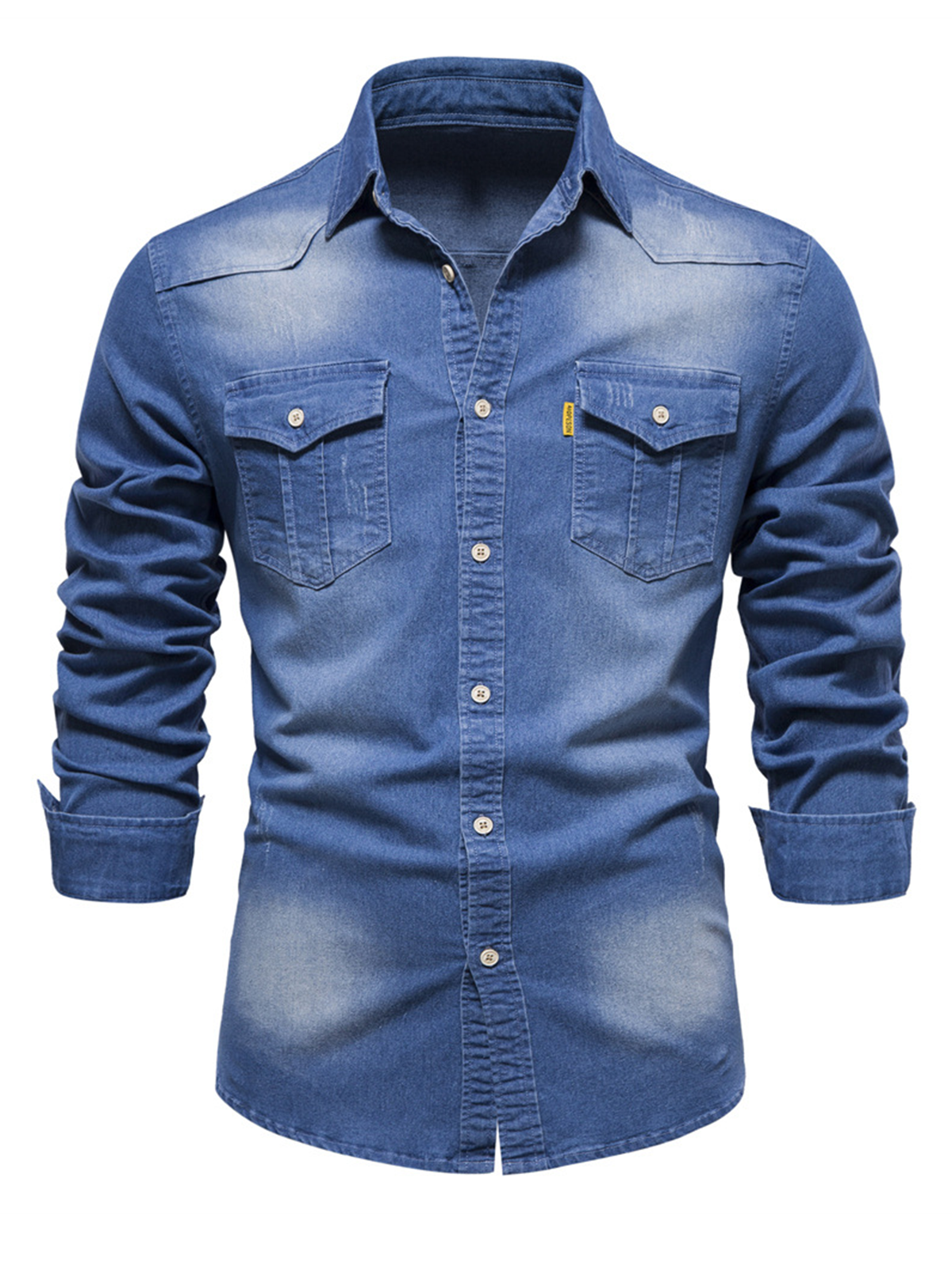 Chemise à manches longues décontractée en coton vintage avec poche en denim pour hommes