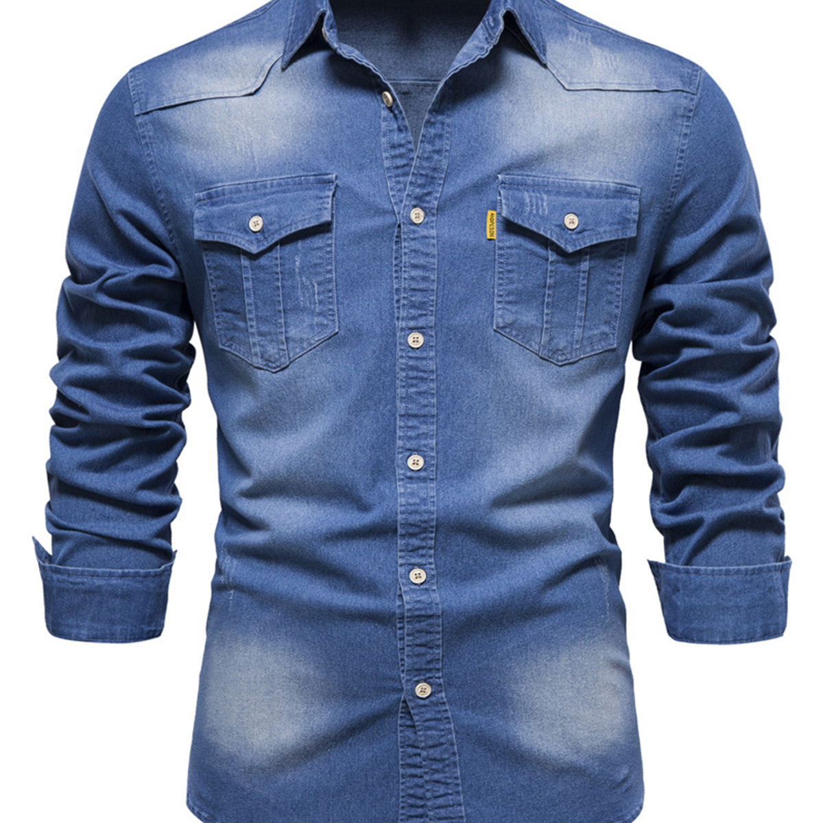 Chemise à manches longues décontractée en coton vintage avec poche en denim pour hommes