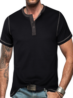 T-shirt à manches courtes décontracté à col Henley de couleur unie pour hommes