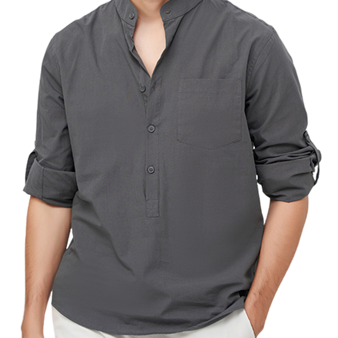 Chemise à manches longues et col Henley pour hommes, couleur unie, décontractée, en coton, avec poches