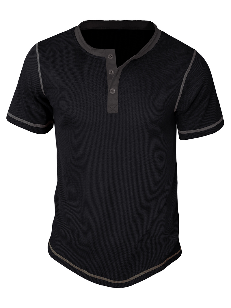 T-shirt à manches courtes décontracté à col Henley de couleur unie pour hommes
