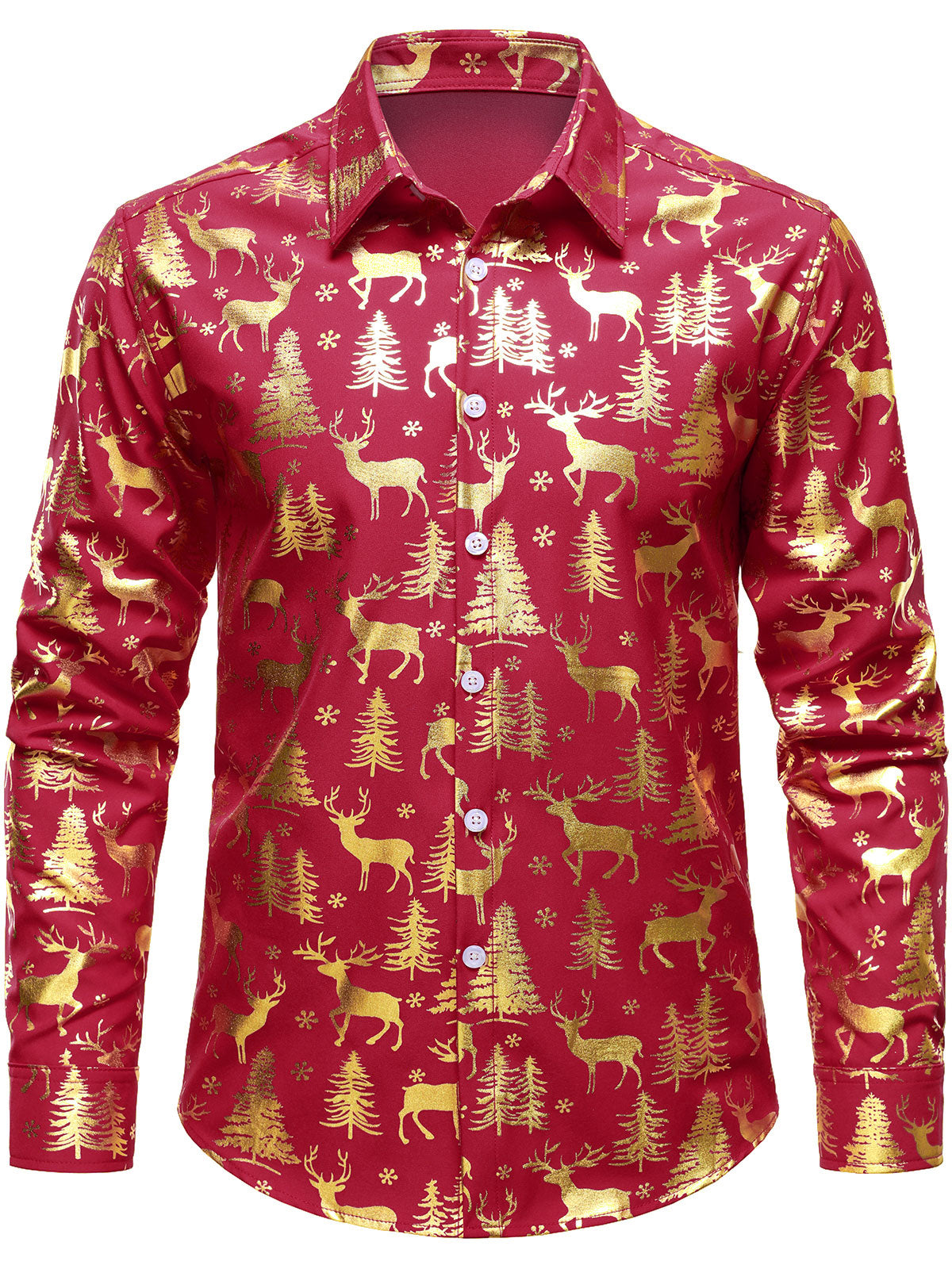 Chemise rouge à manches longues pour homme avec imprimé festif de rennes dorés de Noël