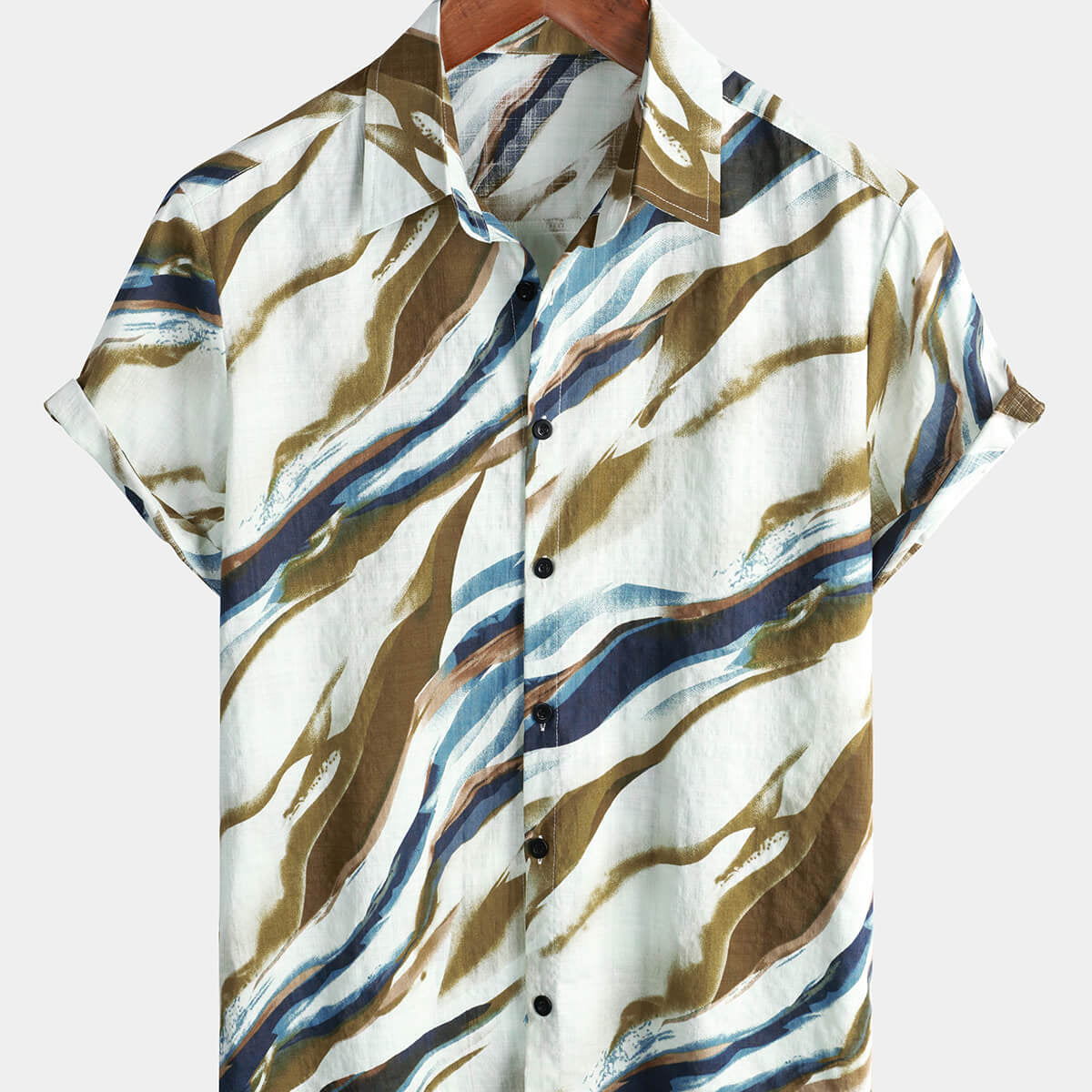 Chemise d'été boutonnée à manches courtes en coton à imprimé graphique abstrait pour hommes