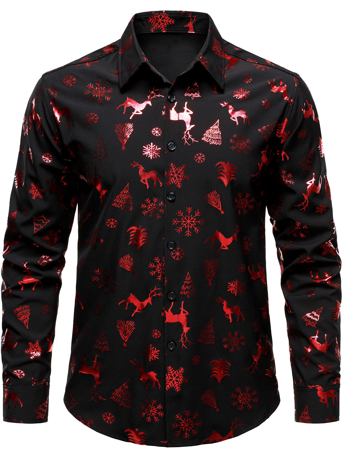 Chemise à manches longues boutonnée pour homme, motif flocons de neige et rennes rouges pailletés, idéale pour les fêtes de Noël