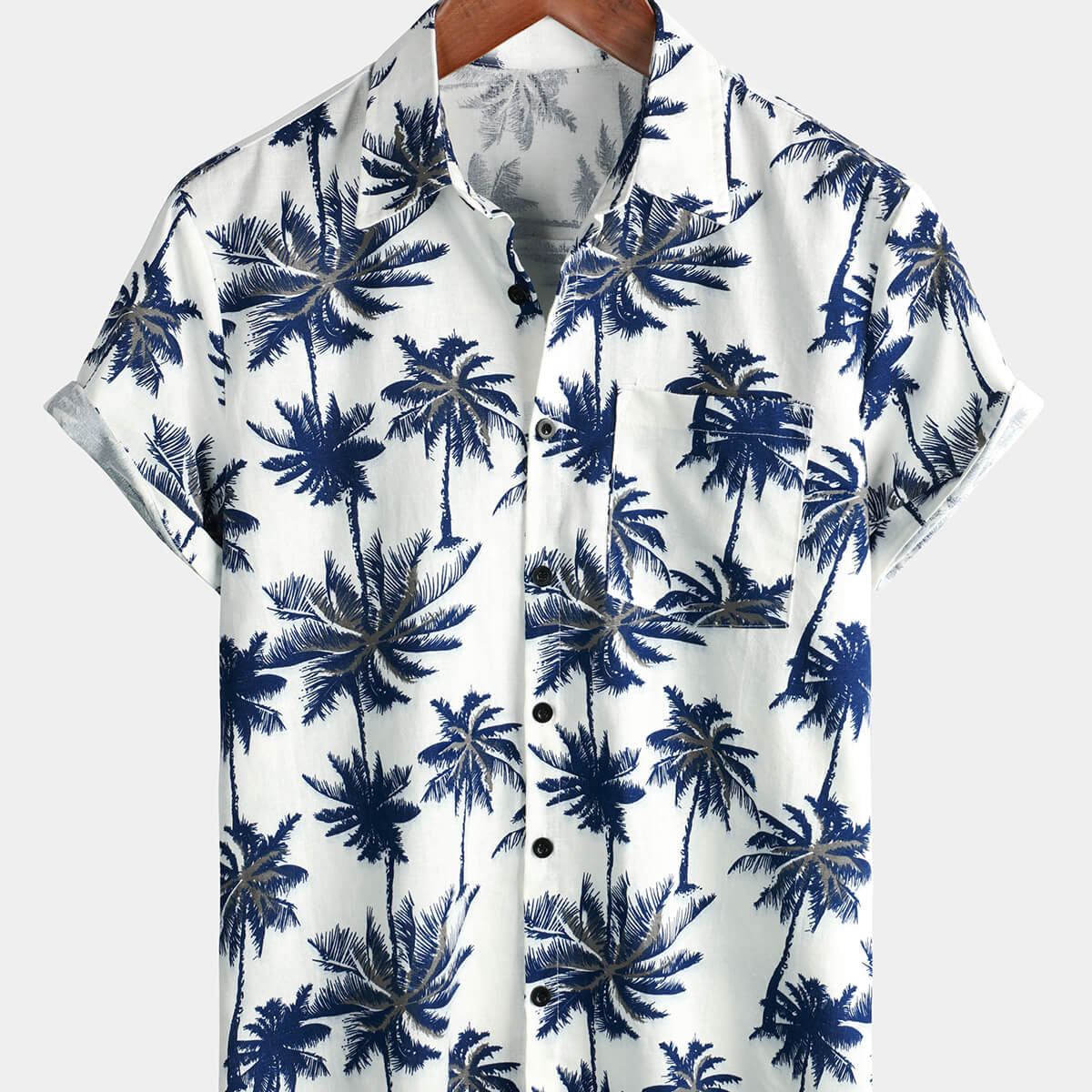 Chemise à manches courtes d'été en coton et lin pour homme avec imprimé palmier hawaïen blanc
