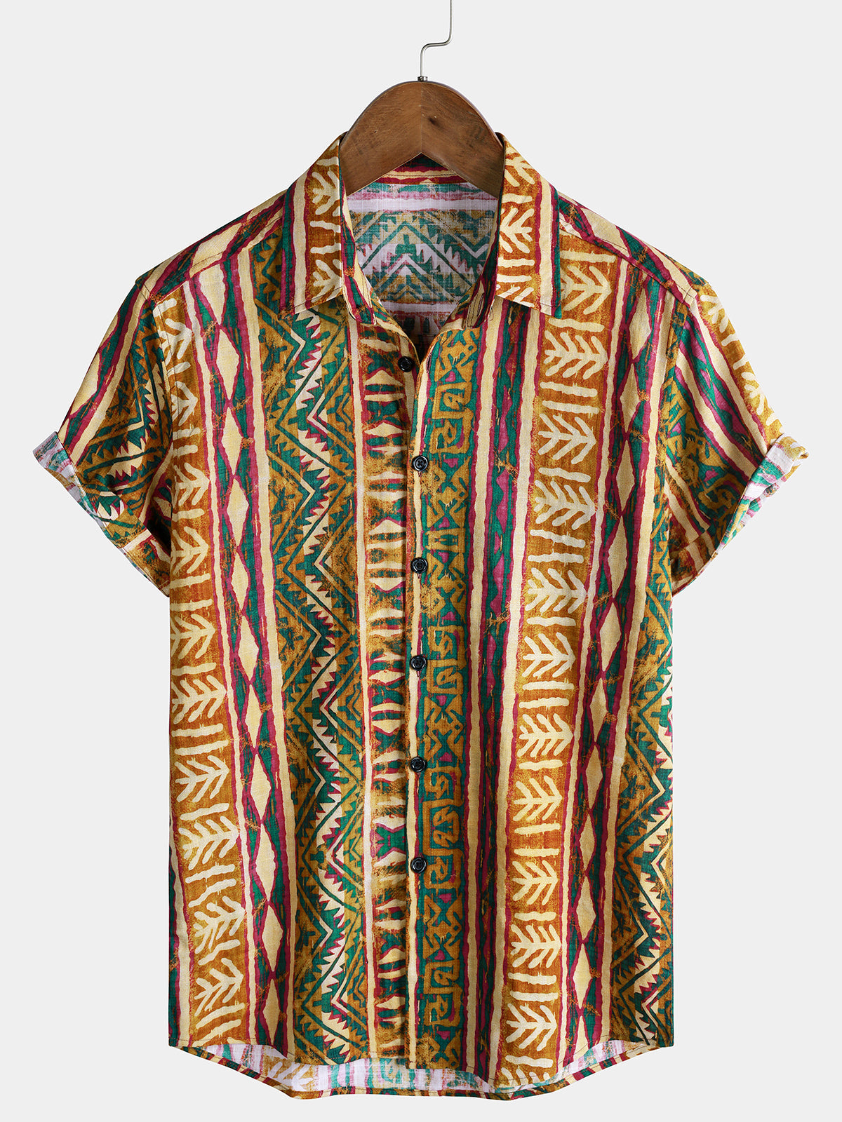 Chemise Homme à Rayures Tribales Style Vintage Décontractée Manches Courtes