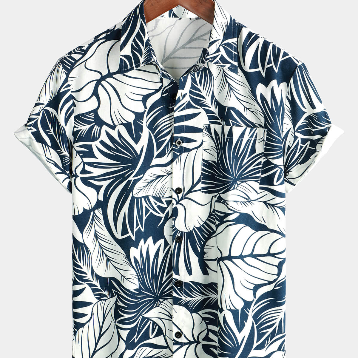 Chemise hawaïenne à manches courtes en coton et lin avec poche à imprimé plantes tropicales pour hommes
