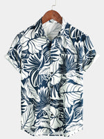 Chemise hawaïenne à manches courtes en coton et lin avec poche à imprimé plantes tropicales pour hommes