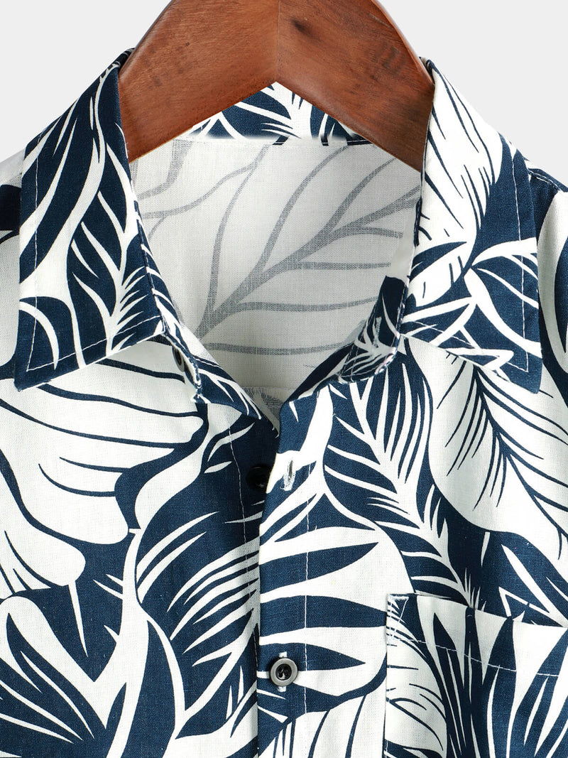 Chemise hawaïenne à manches courtes en coton et lin avec poche à imprimé plantes tropicales pour hommes