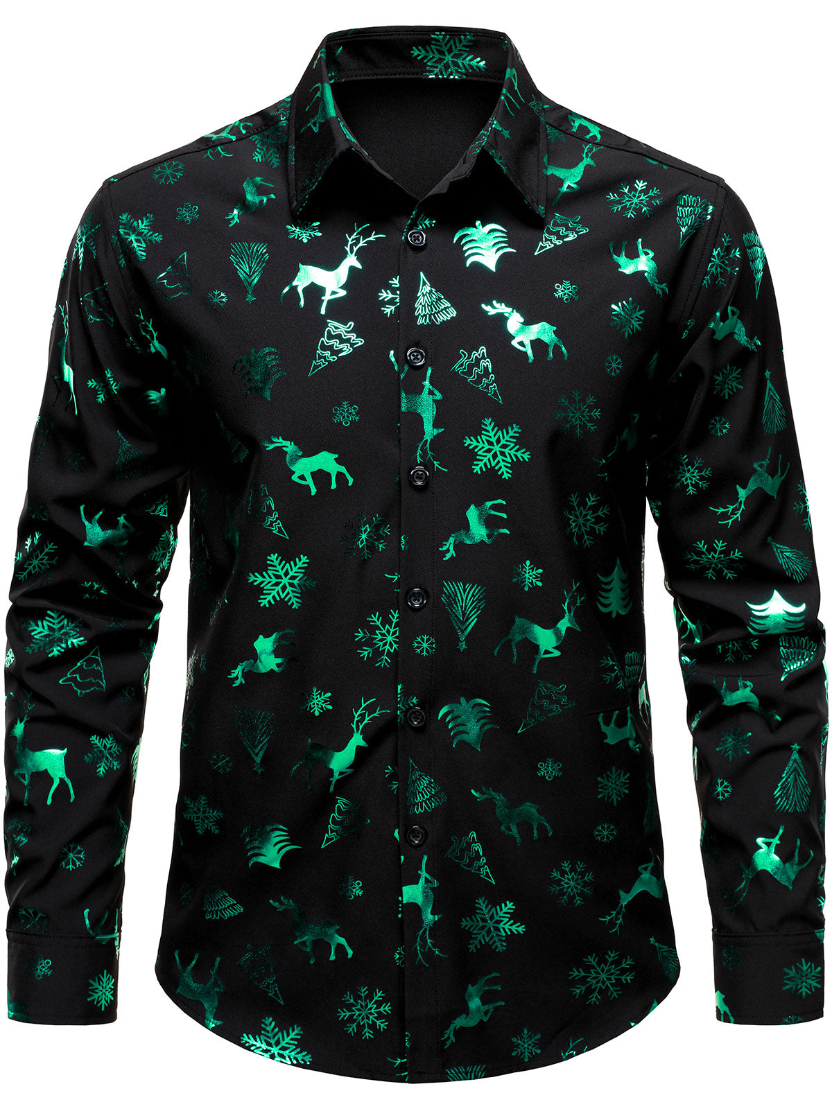 Chemise à manches longues boutonnée pour homme, motif flocons de neige et rennes verts pailletés, idéale pour les fêtes de Noël
