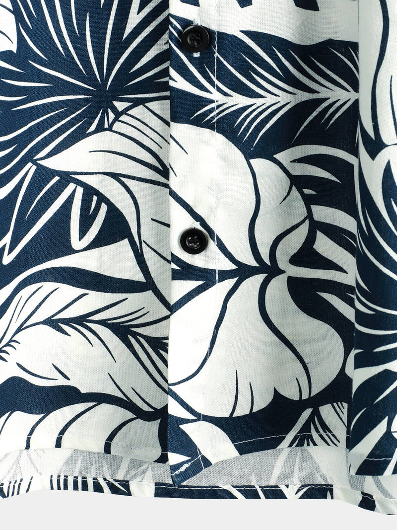 Chemise hawaïenne à manches courtes en coton et lin avec poche à imprimé plantes tropicales pour hommes