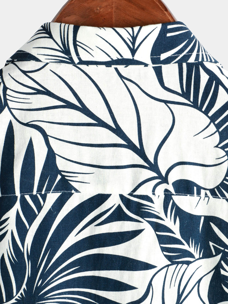 Chemise hawaïenne à manches courtes en coton et lin avec poche à imprimé plantes tropicales pour hommes