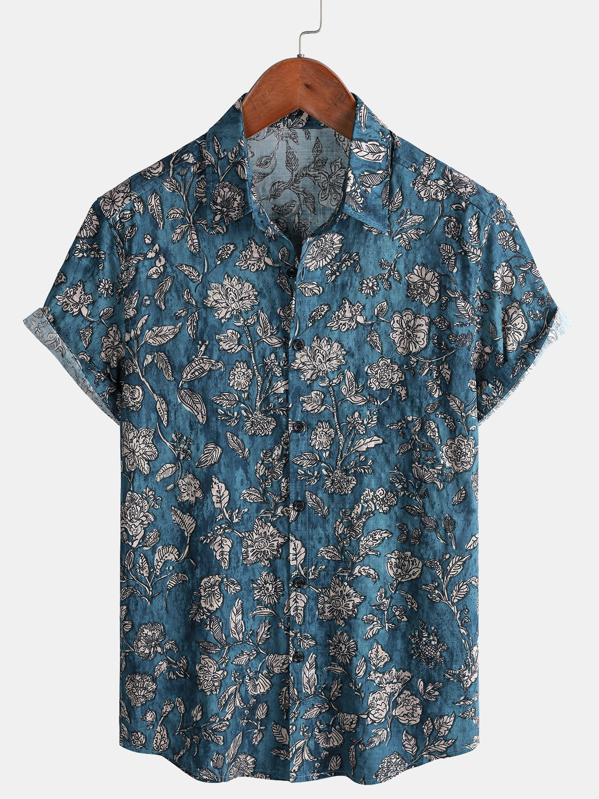 Chemise Homme de Vacances à Manches Courtes Bleu avec Imprimé Botanique Rétro