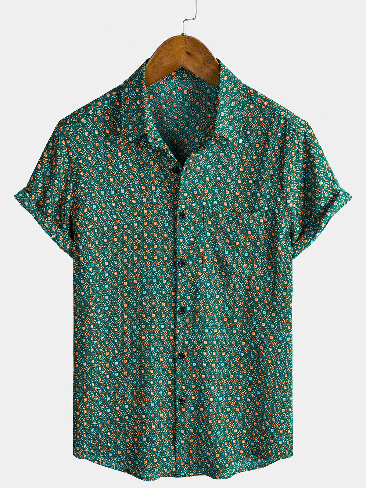 Chemise Homme Manches Courtes Bohème à Imprimé Géométrique Verte