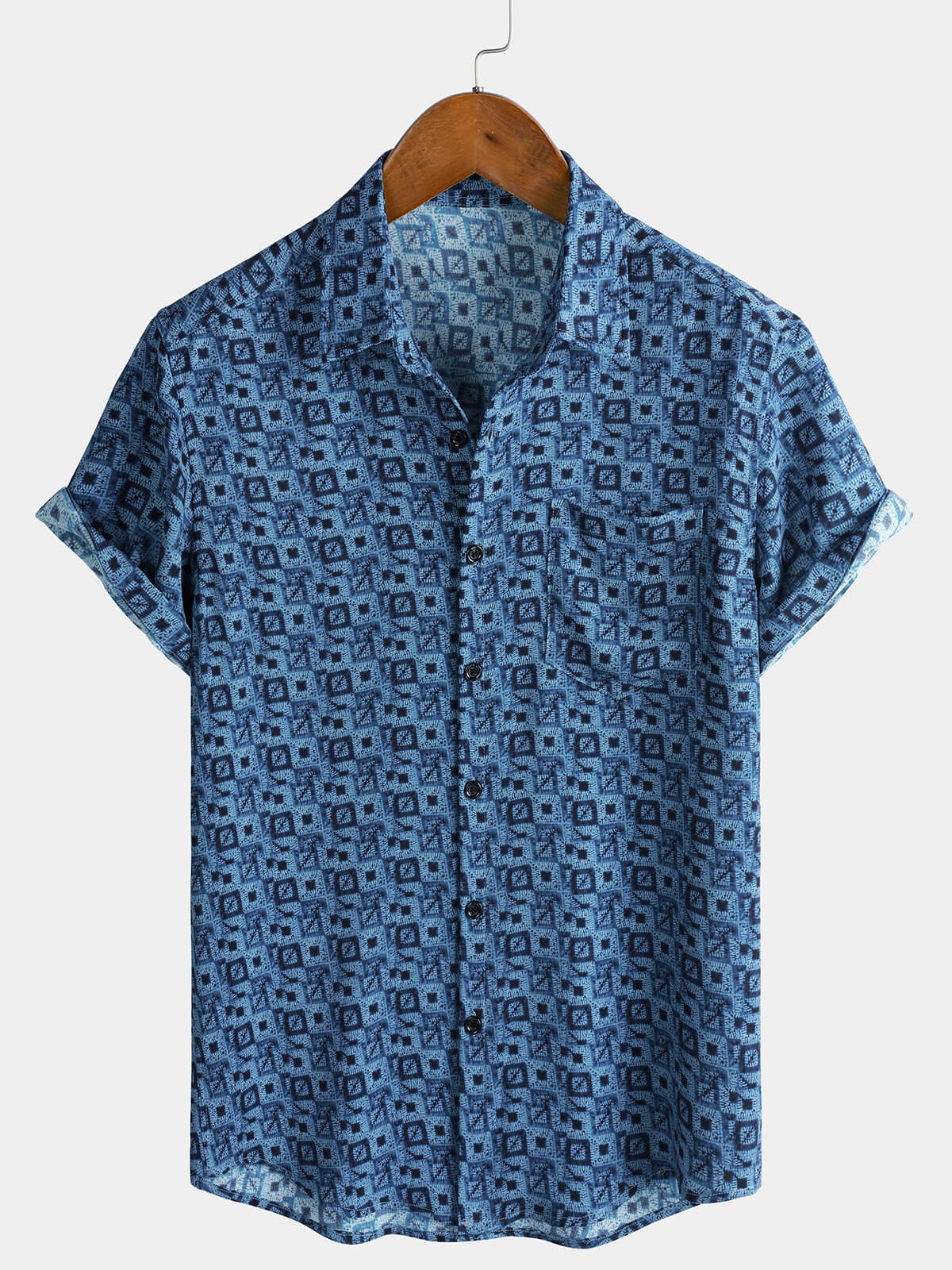 Chemise Homme Manches Courtes Bohème à Imprimé Géométrique Bleue