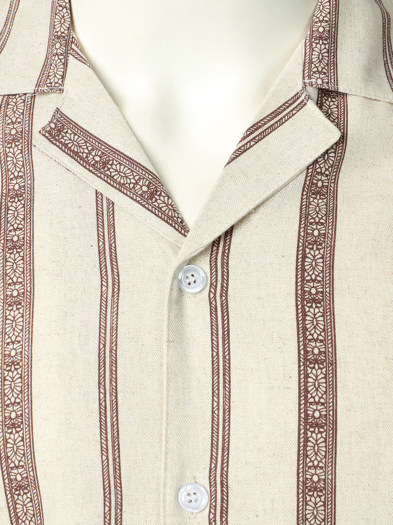 Homme Vintage Camp Col Rayé Imprimé Holiday Manches Courtes Bouton Up Chemise en Lin