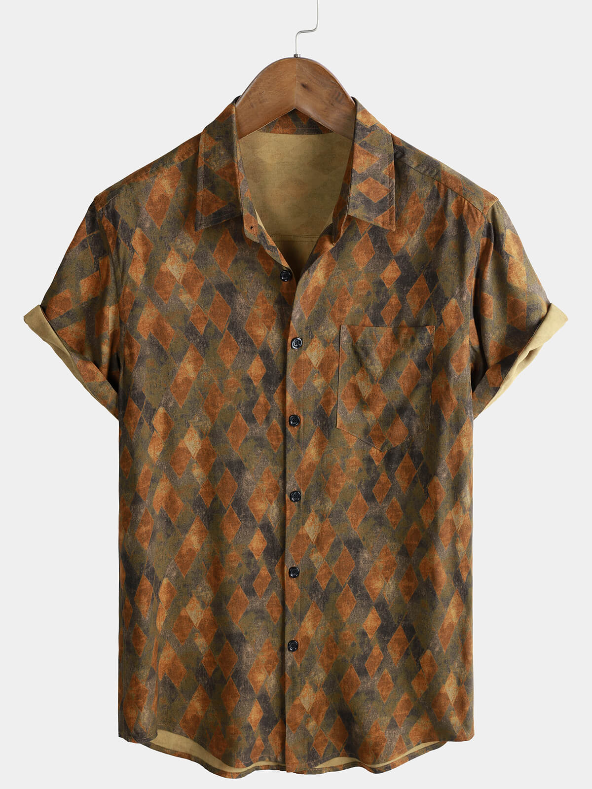 Chemise Homme Vintage Décontractée en Rayon Imprimé Carreaux Losanges à Manches Courtes