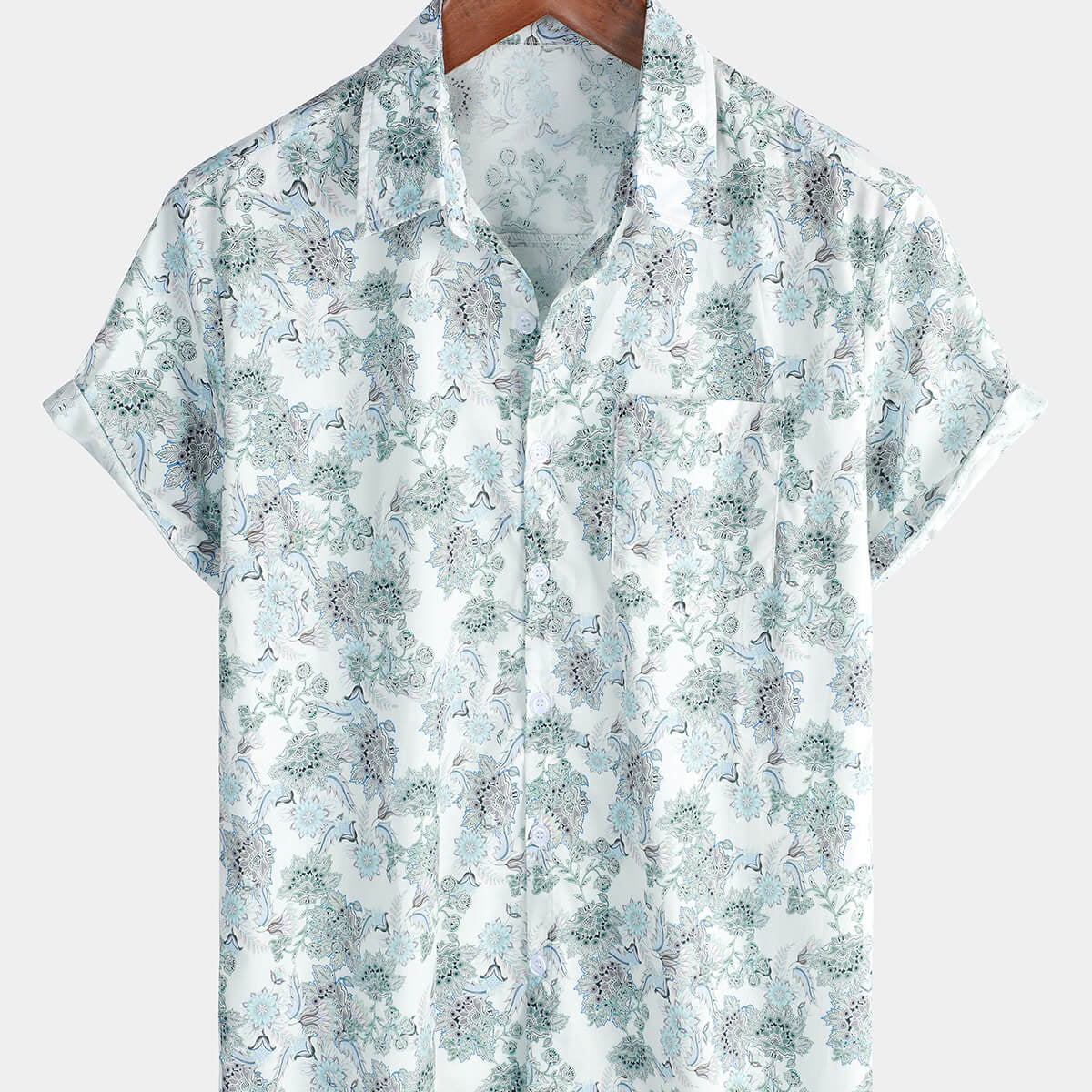 Chemise d'été blanche à manches courtes pour hommes, motif cachemire, poche florale, boutonnée, en coton